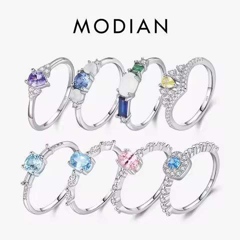 MODIAN 925 Sterling Silver Colorful CZ &amp; Opal Eternity Bands Finger Ring Trendy Stackable Vacation Fine Jewelry For Women Gifts