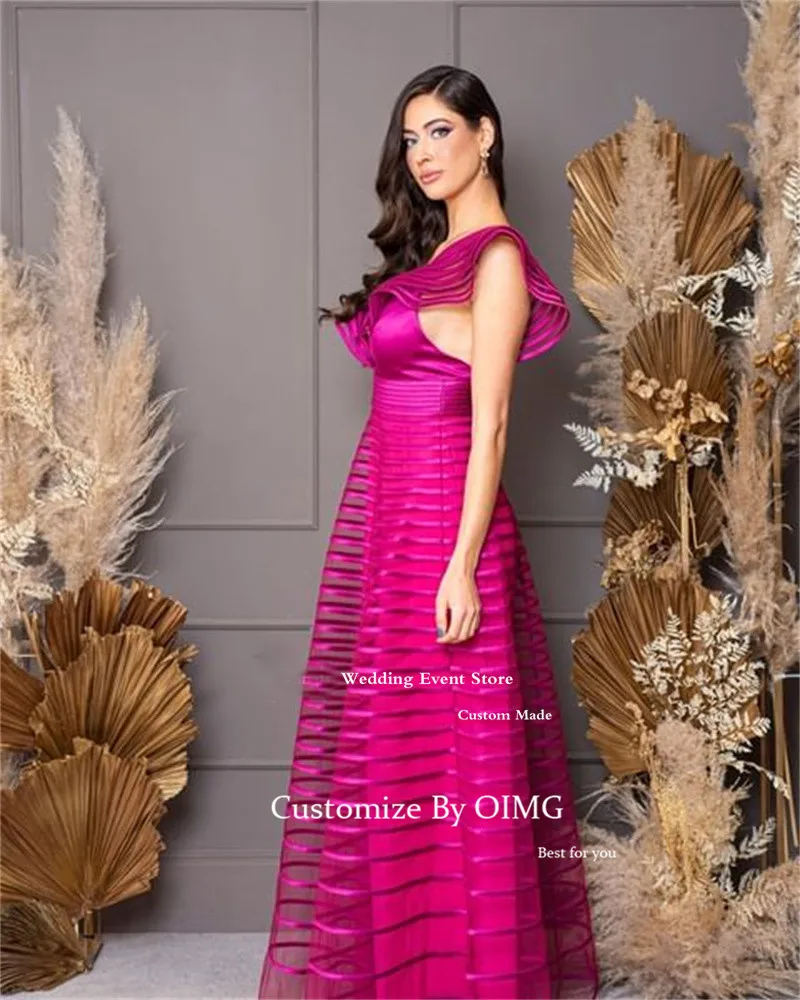 OIMG Fuschia Gaun Malam Elegan untuk Wanita Pesta V Lengan Topi Leher Renda Arab Femme Gaun Prom Formal 2023 Robe De Soiree