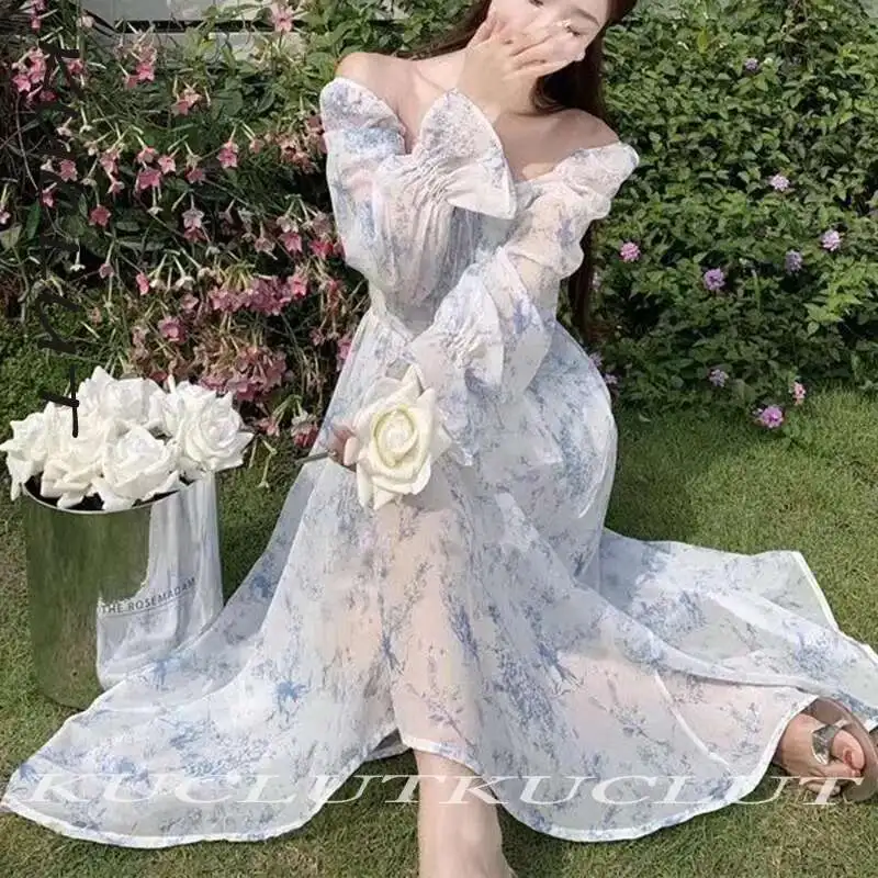 

KUCLUT 2025 New Items Floral Off Shoulder Ruffled Waisted Women's Dress Romantic Fashionable Beach Vacation Dresses Female K146