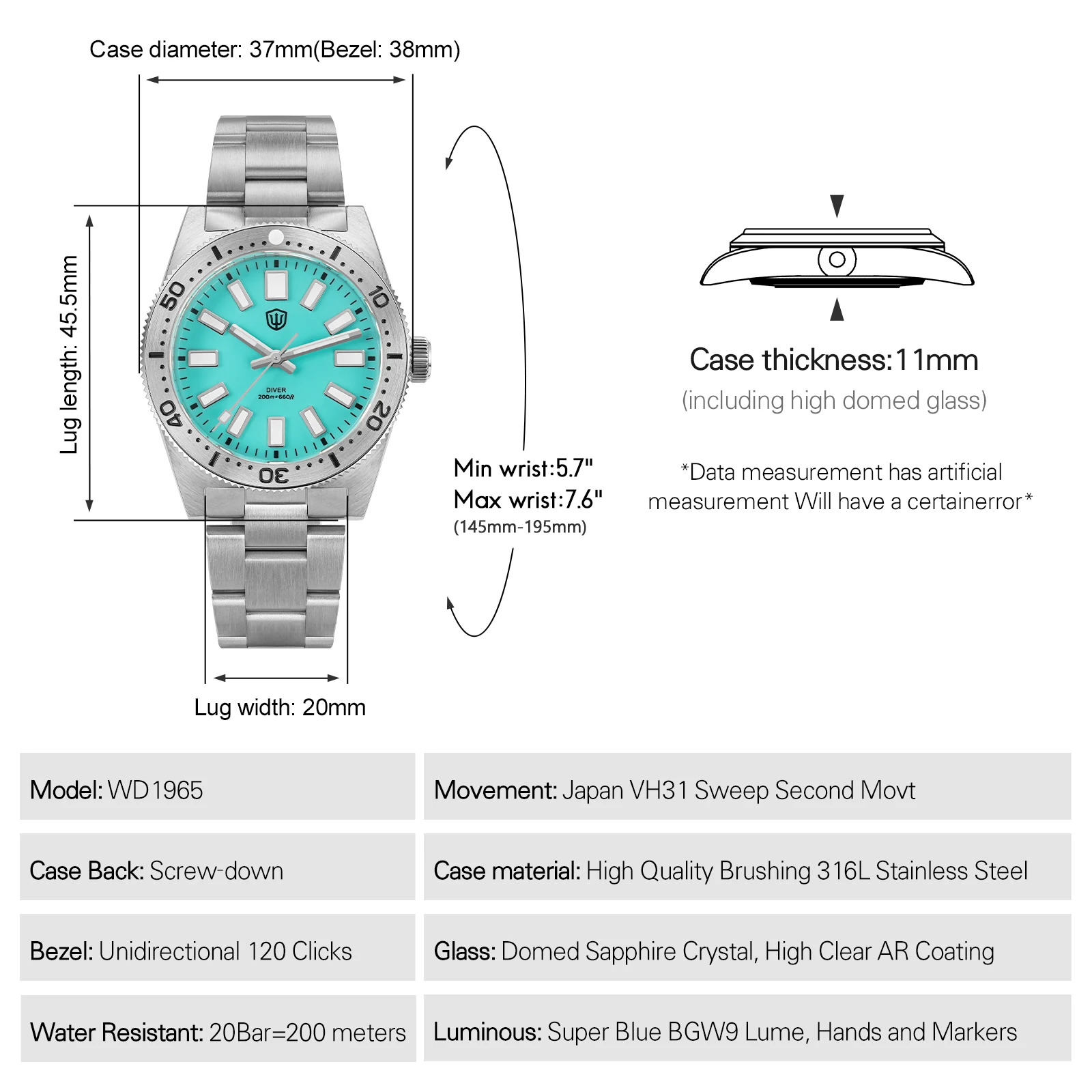 Watchdives WD1965 62mas ساعة رجالية VH31 حركة كوارتز مضيئة القبة الياقوت الكريستال 20Bar مقاوم للماء 38 مللي متر ساعات خمر #2