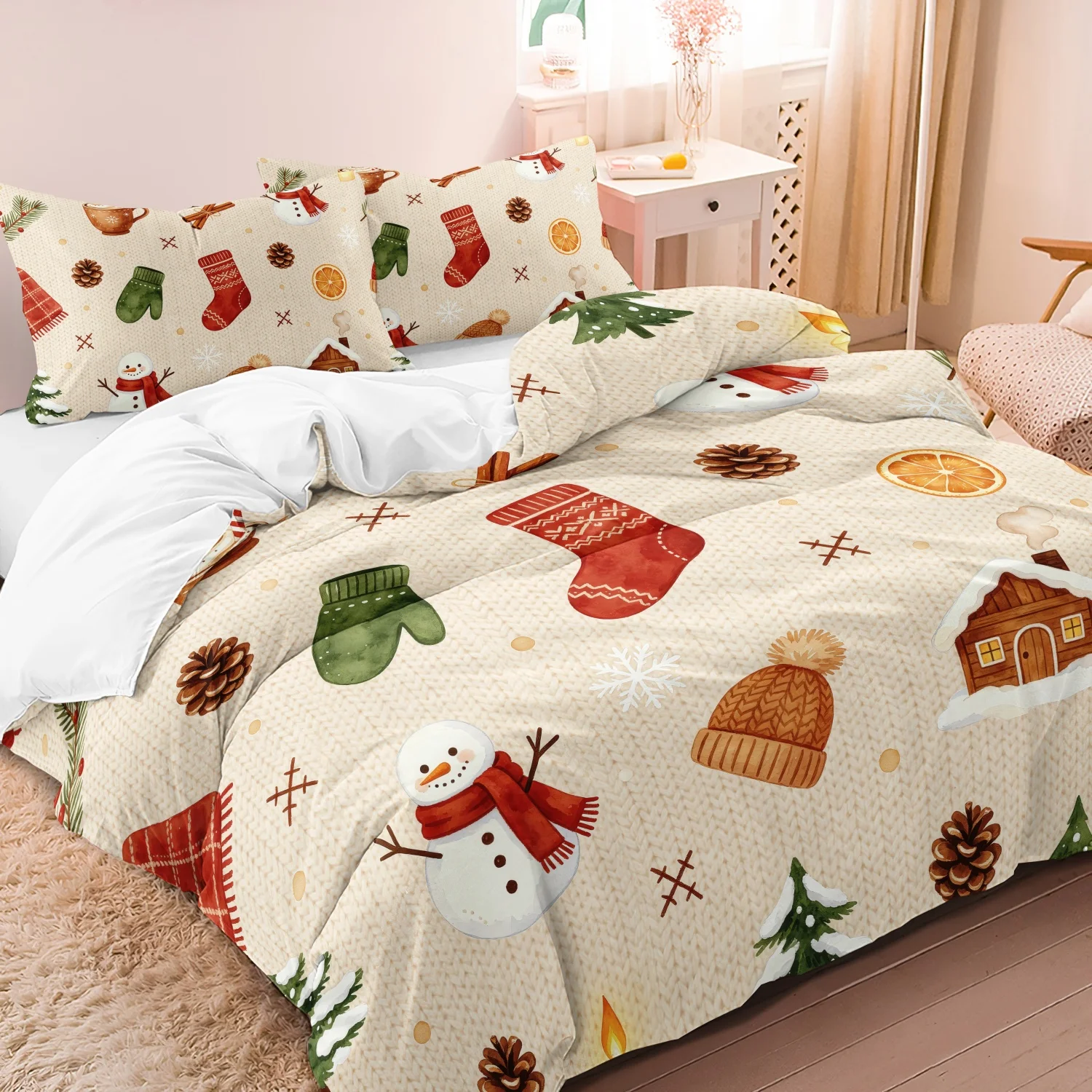 3Pcs Rustic Winter Christmas Duvet Cover Set, Snowman Hot Cocoa Knitted Sock Glove Pine Cone Cabin Orange Slice Print Bedding
