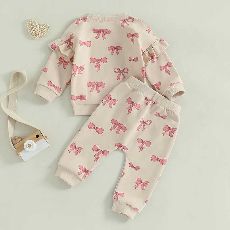 Toddler Baby Girl Clothes Long Sleeve Bow Print Ruffle Sweatshirt Pants Newborn Set Clothes 2PCS Outfits