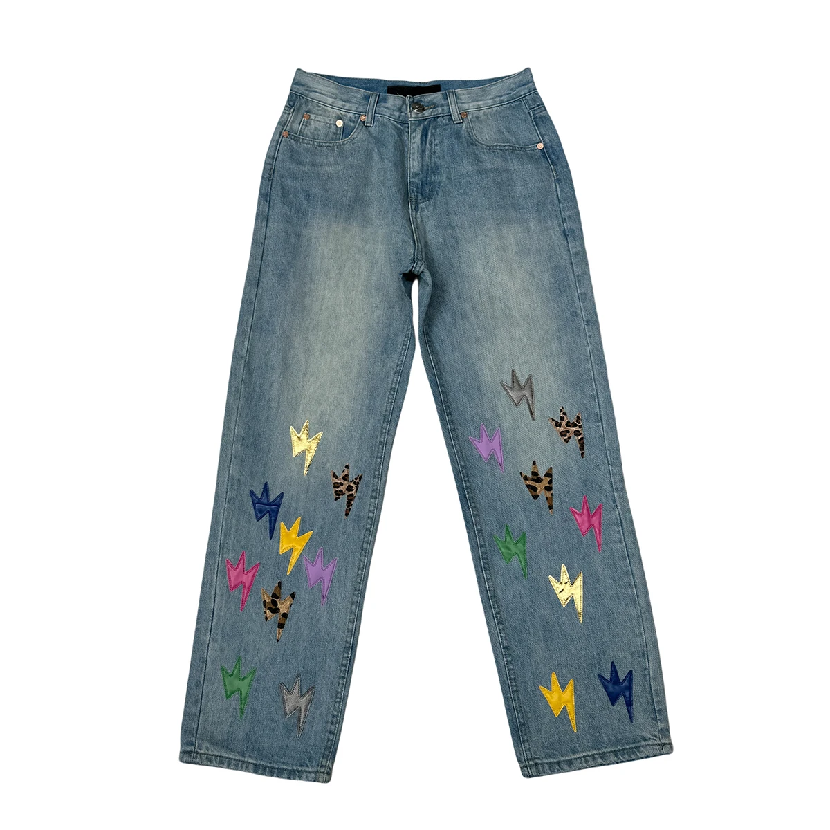 

Rainbow Lightning Pu Leather Embroidery Patchwork Washed Jeans Pants for Men Streetwear Vintage Straight Casual Denim Trousers