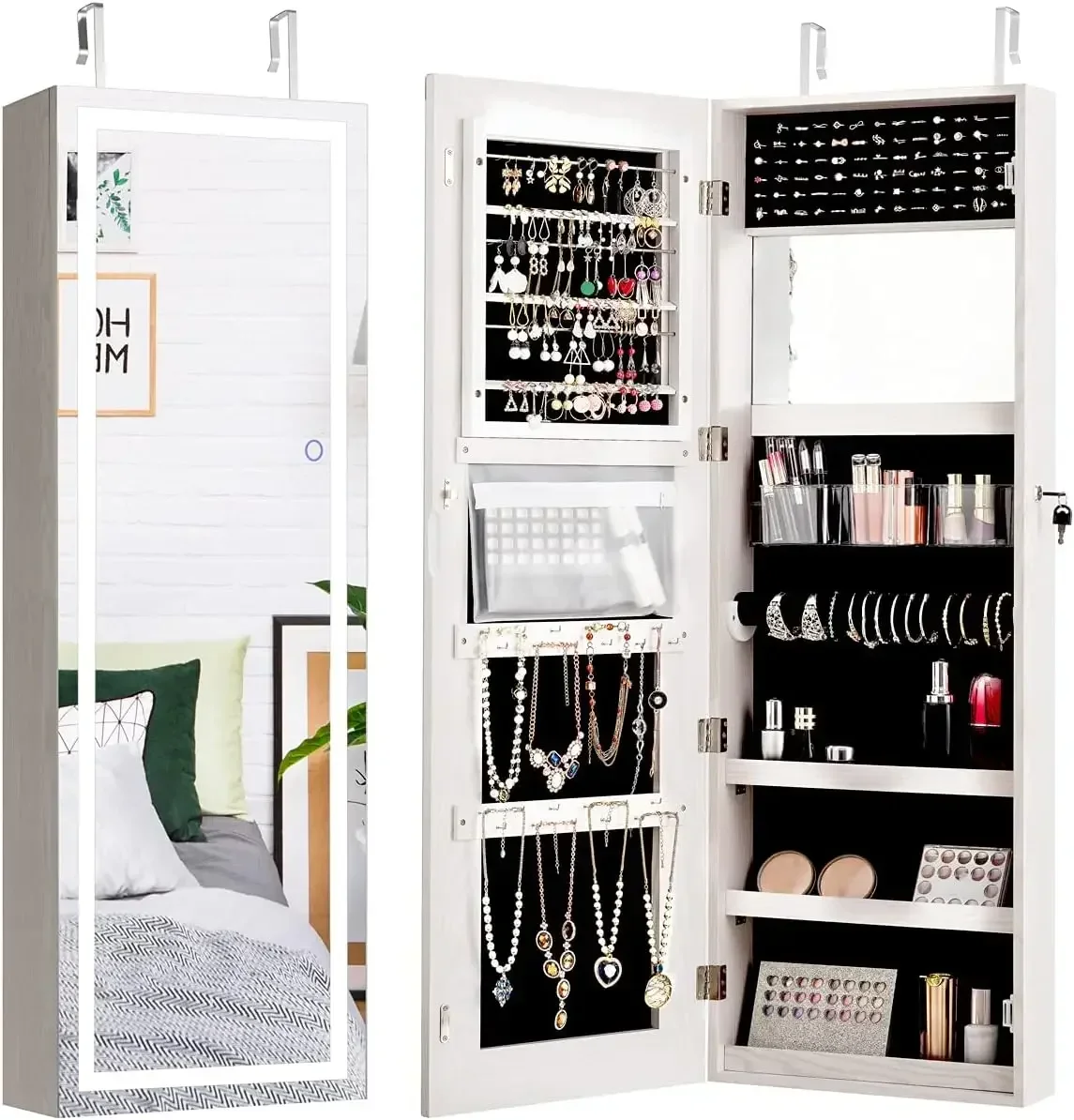 Jewelry Cabinet Armoire Door Wall Mount, 47.2in Lockable Touch Screen Lighted Full Length Mirror, 3 Lighting Settings, Inside Ma