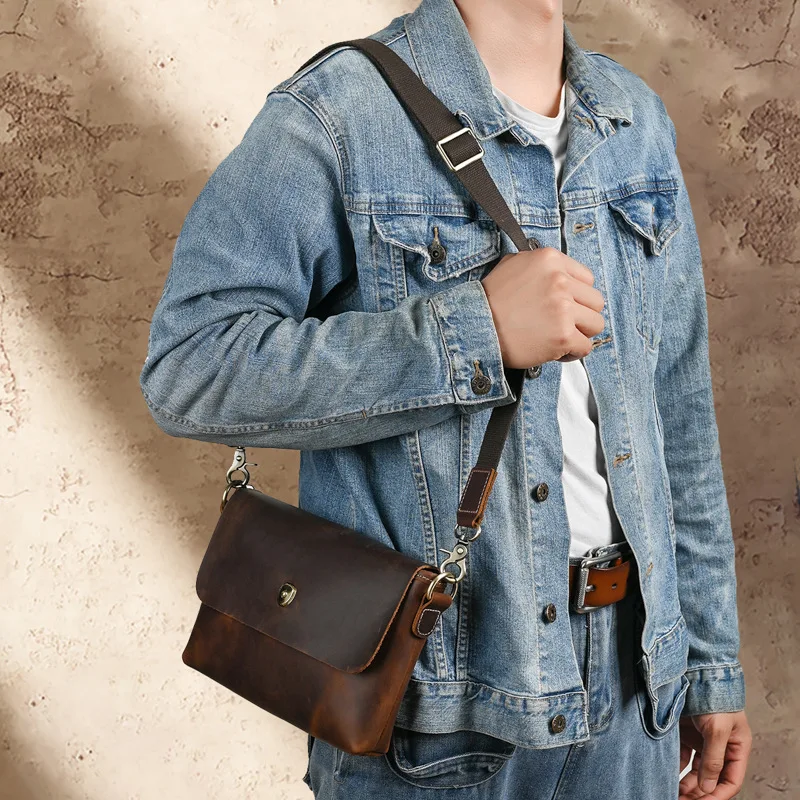 Nesitu Highend New Vintage Brown Durable Genuine Crazy Horse Leather Shoulder Small Women Men Messenger Bag for 7.9\'\' ipad M049