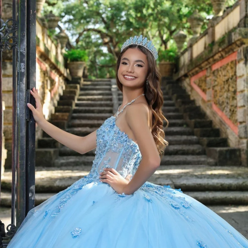 

Light Blue Quinceanera Dresses Off the Shoulder Decal Glitter 3D Flower Long tail Vestidoe 15 Quinceanera Customize
