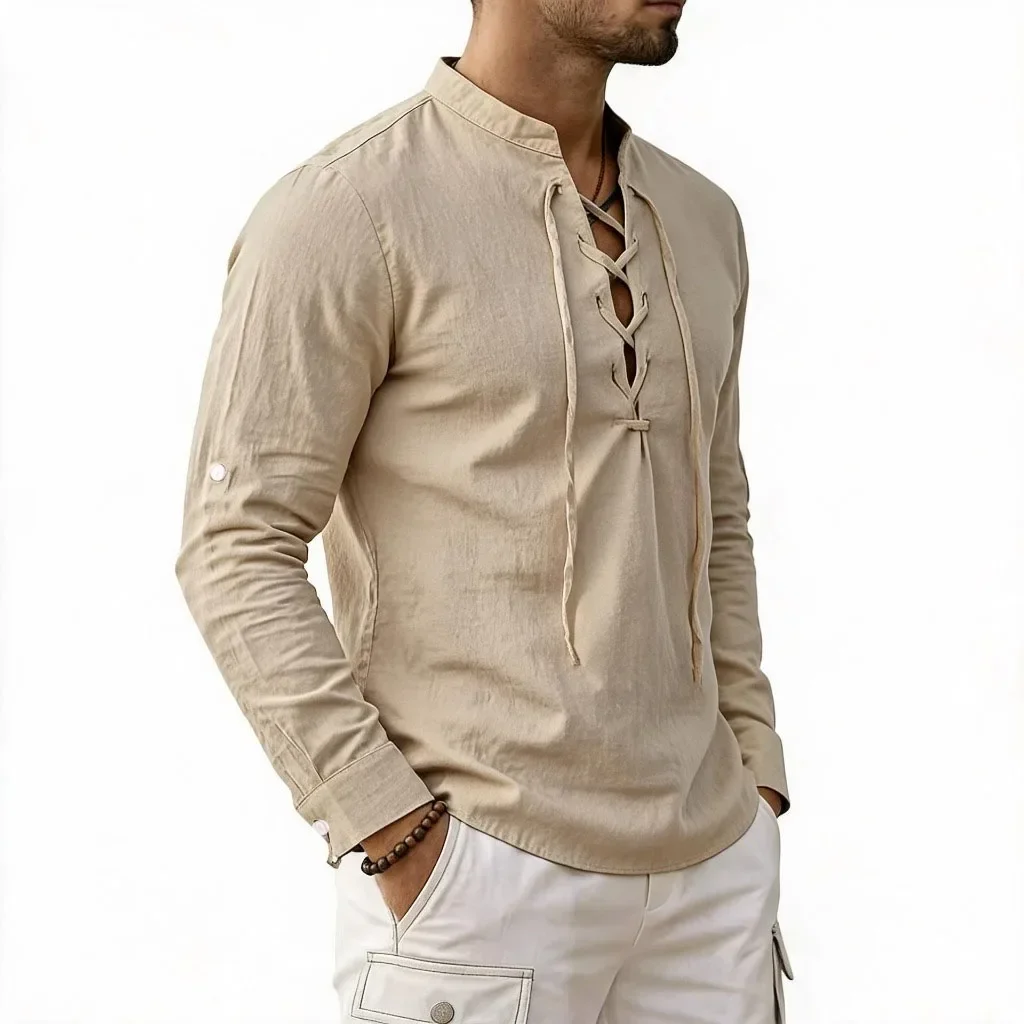 Men Vintage Stand Collar Lace‑Up Long Sleeve Shirt, Roll‑Up Sleeve Loose Casual Henley Tops for Men