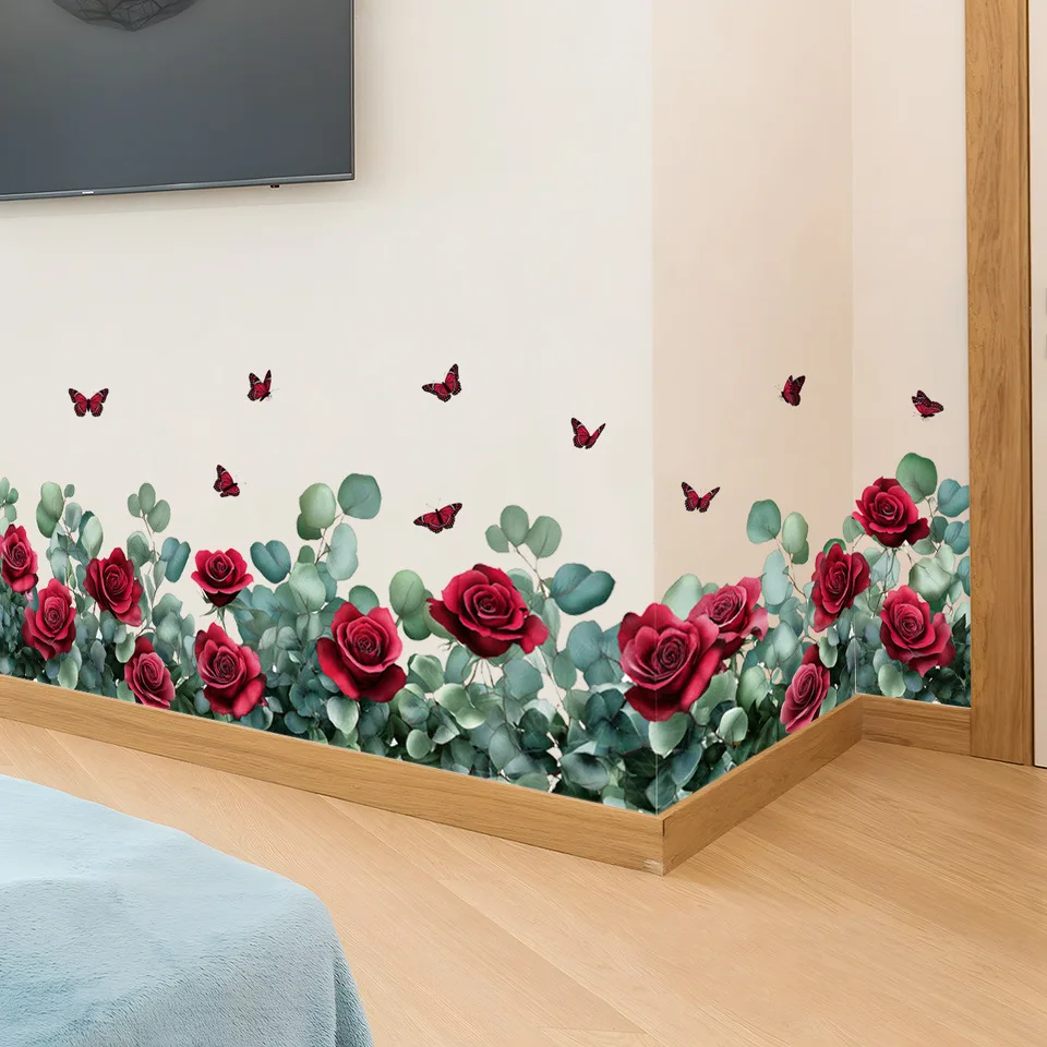 Retro Red Rose Wall Stickers Flowers Butterfly DIY Murals for Window Glass Bedroom Bathroom Home Decoration Wallpaper