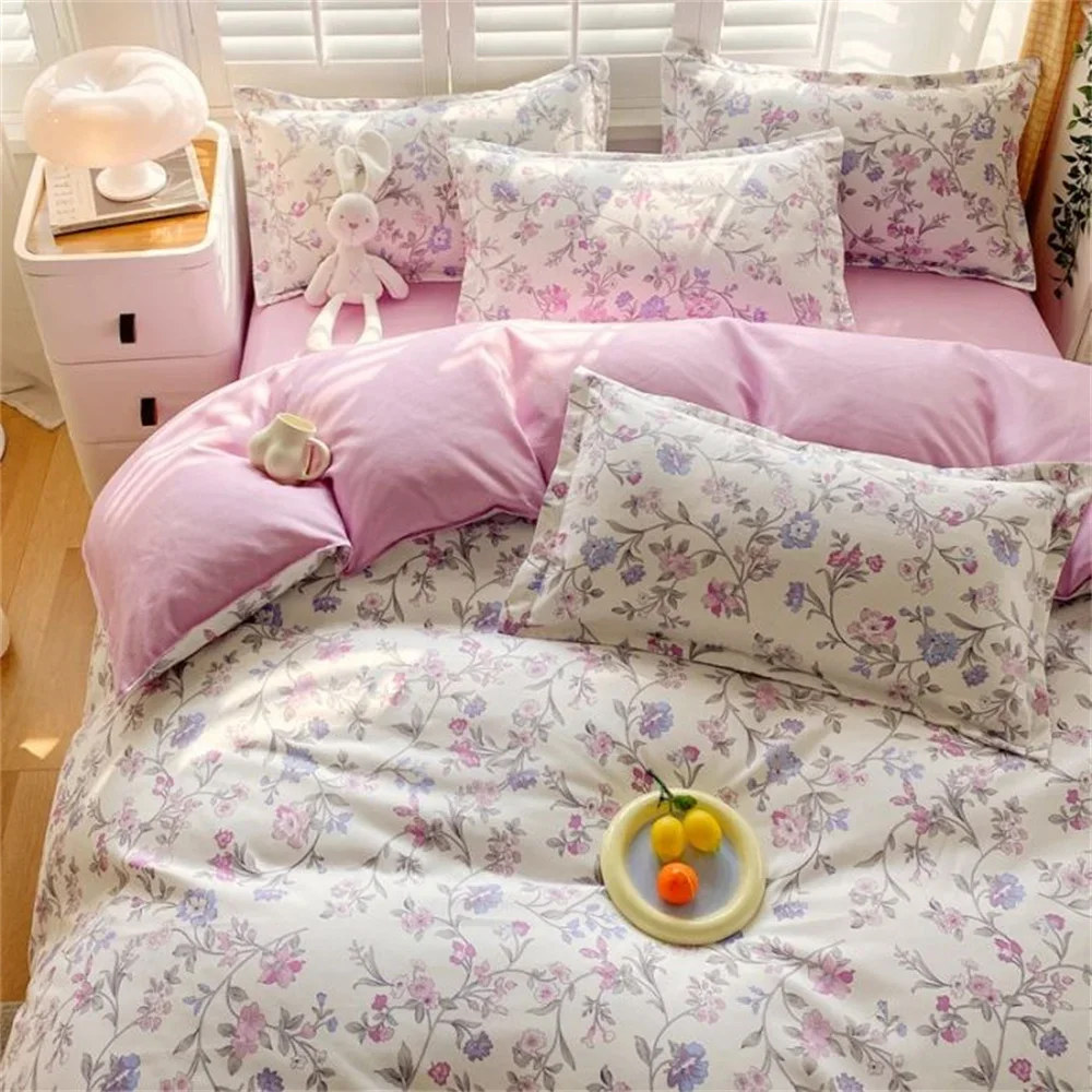 Pastoral Floral Bedding Set No Filler Soft Washed Cotton Duvet Cover Flat Sheet Pillowcase Full King Girls Adults Bed Linens