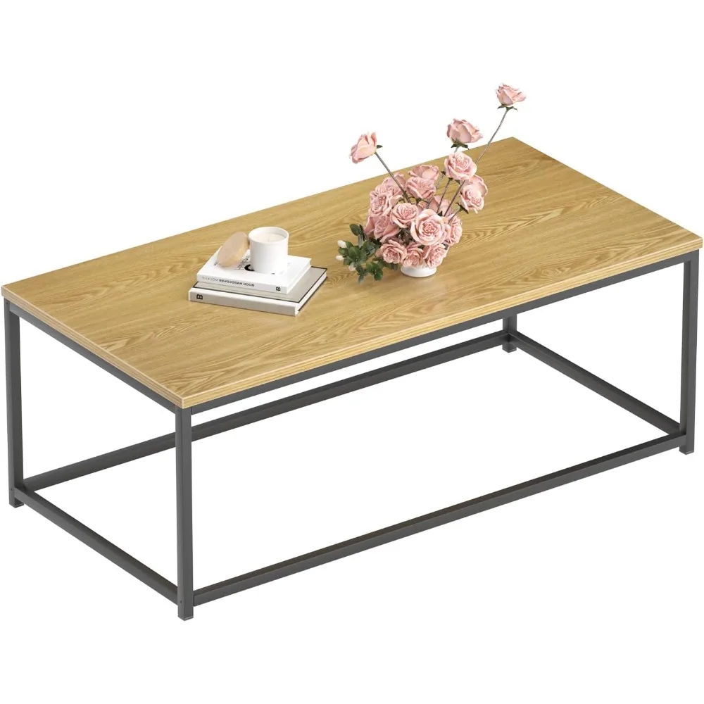 

Modern Industrial Style Rectangular Coffee Table for Living Room, Bedroom - Rustic Accent Minimalistic Furniture with Wood Grain
