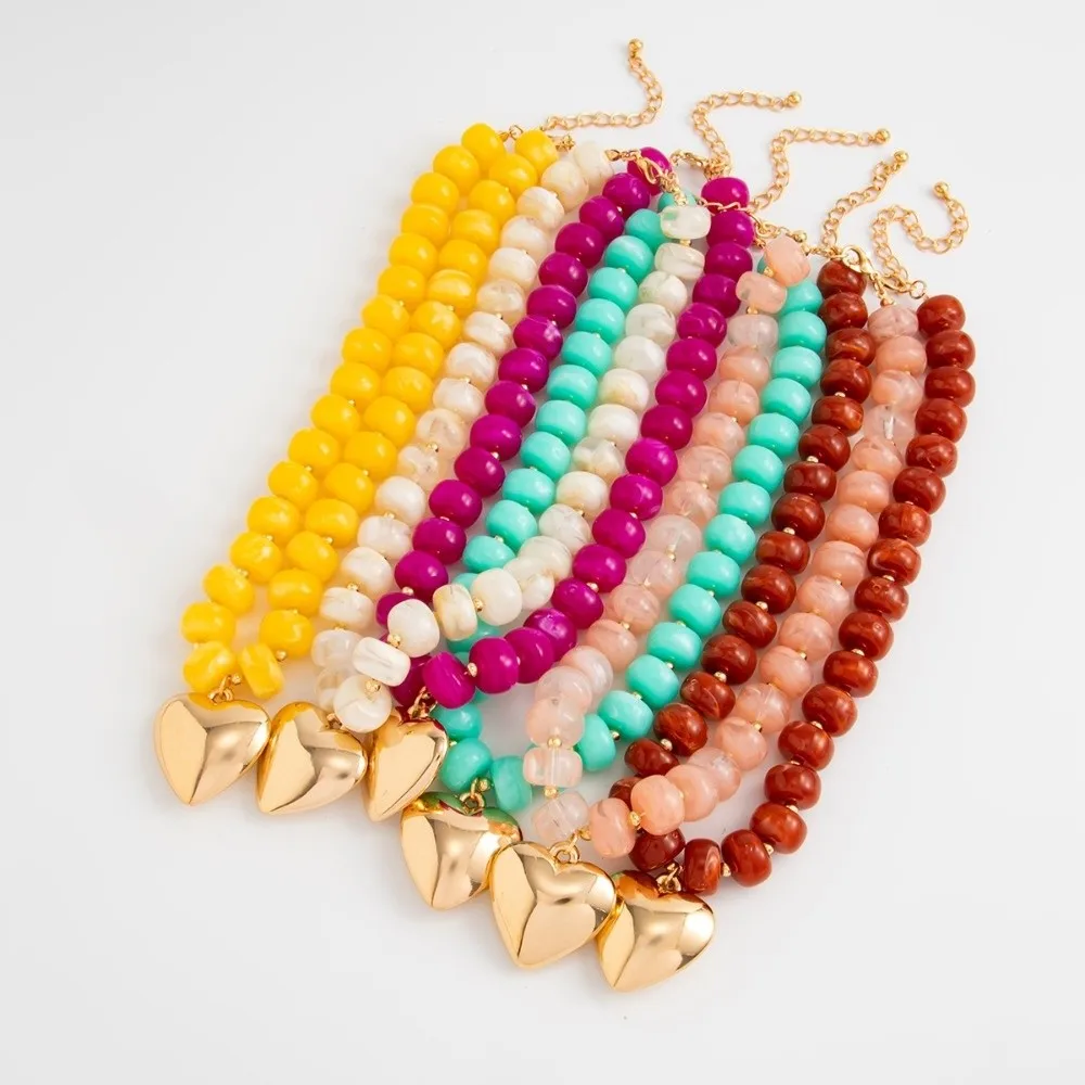 Fashion Bohemian Heart Pendant Bead Chunky Beads Colorful Beads Choker Necklaces Vintage Colored Charms Jewelry Statement