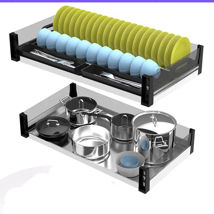 Kitchen cabinet pull basket glass crystal drawer type double shelf buffer bowl basket storage seasoning basket
