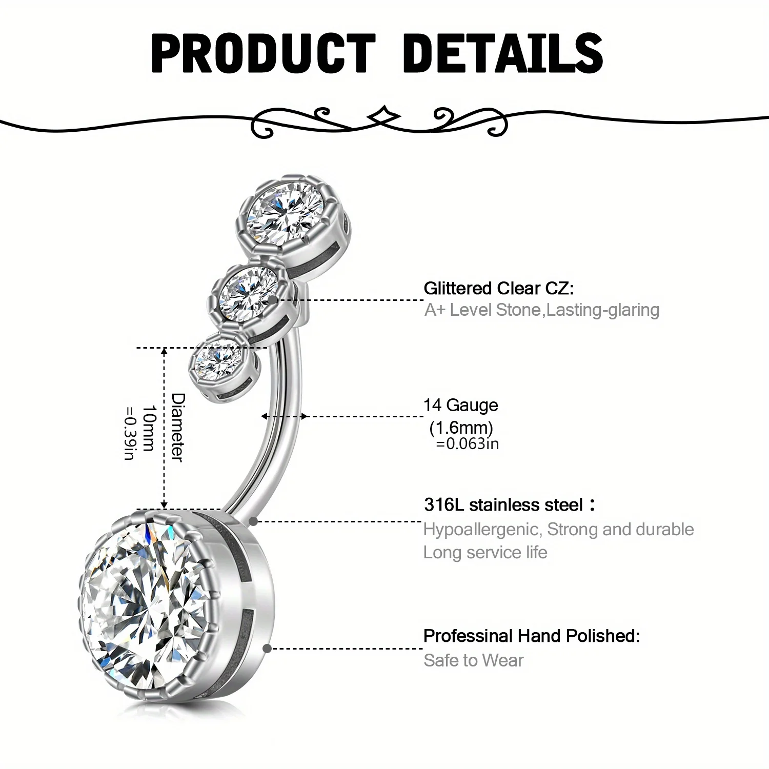2Pcs 14G Stainless Steel Belly Button Rings For Women,Belly Ring Cubic Zirconia Heart Reverse Navel Ring Belly Piercing Jewelry