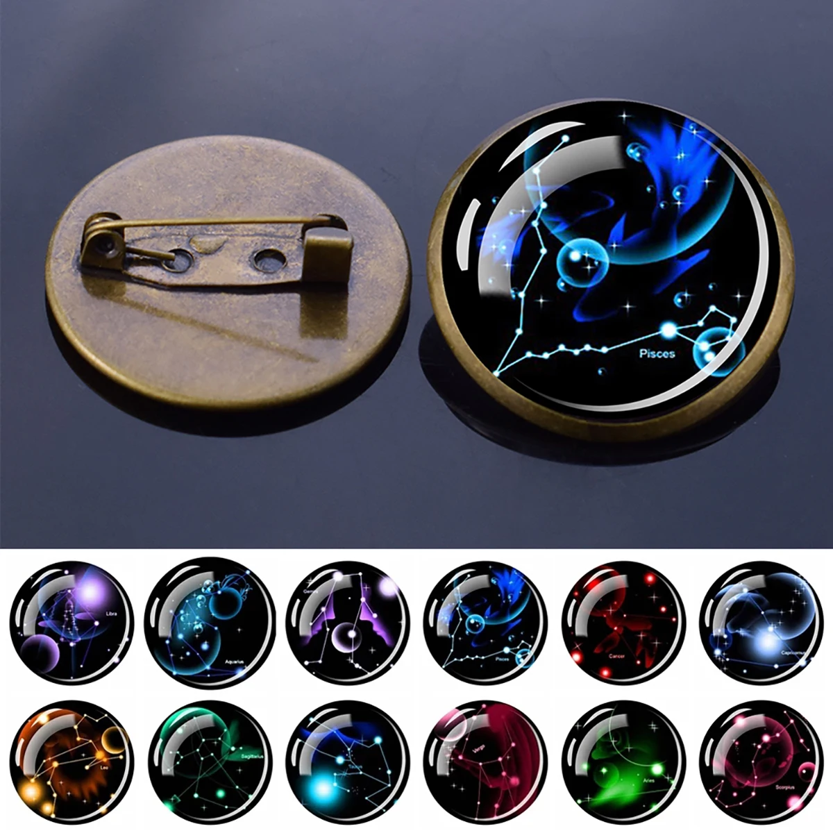 12 Constellation Brooch Round Glass Zodiac Brooches Pins Taurus Gemini Cancer Leo Virgo Libra Scorpio  Men Women Birthday Gift