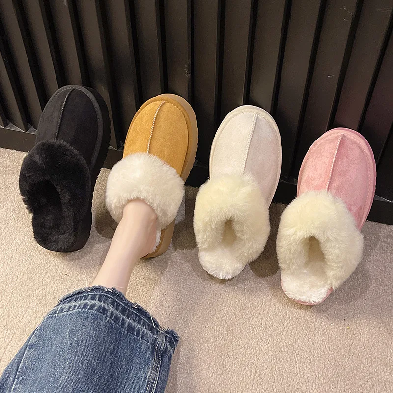 2023 New Winter Women Fur Slippers Warm Boots Platform Flip Flops Short Plush Flats Home Cotton Shoes Suede Mules Ladies Boots