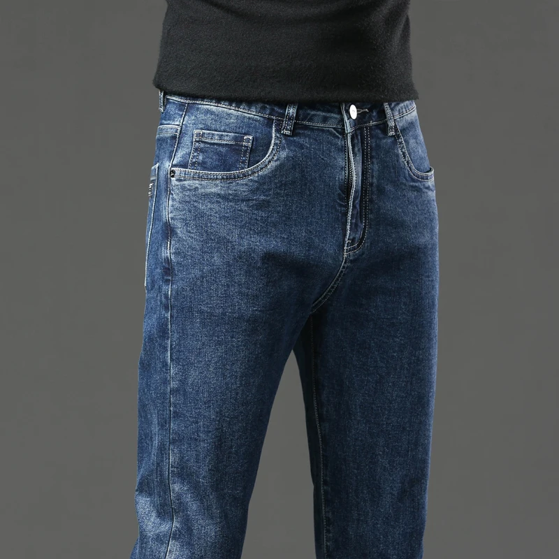 Осень 2024, новые мужские эластичные джинсы, модные корейские тонкие прямые джинсовые брюки, высококачественные деловые повседневные молодежные брюки