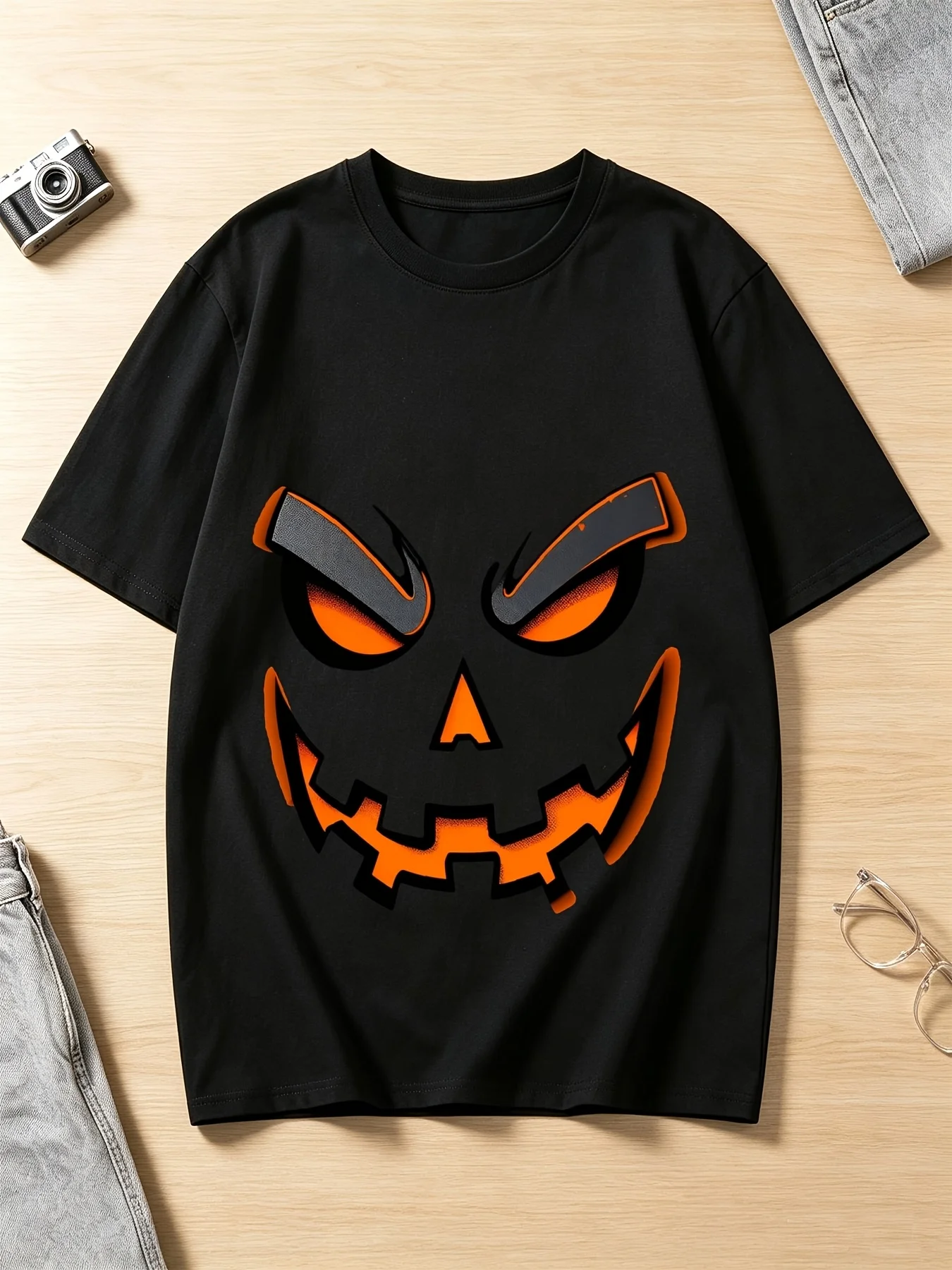 Camiseta negra con estampado vintage de cara de calabaza y cuello redondo, ropa informal de verano para hombre, camiseta unisex más vendida, camiseta informal vintage con estampado y cuello redondo