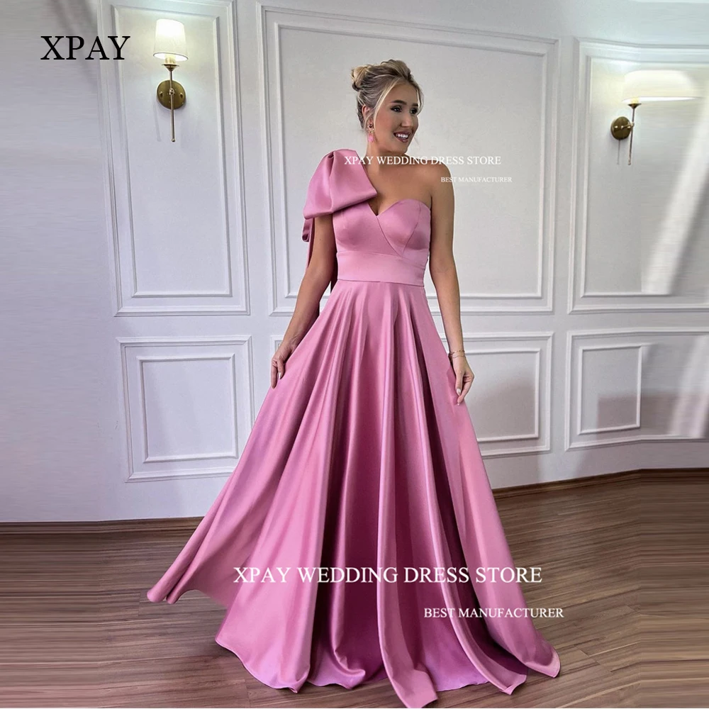 

XPAY Pink Women Evening Dresses Detachable Bow One Shoulder Satin Floor Length Prom Gowns Long Arabic Women Wedding Party Dress