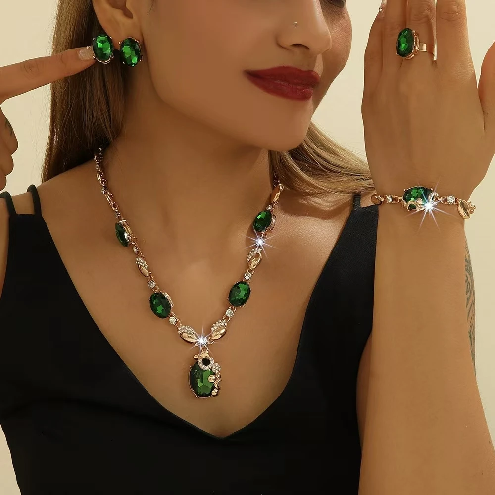

Ladies' Wedding Jewelry Set With Diamonds, Green Oval Necklace, Earrings, Rings, Bracelets, Four Piece Jewelry Set