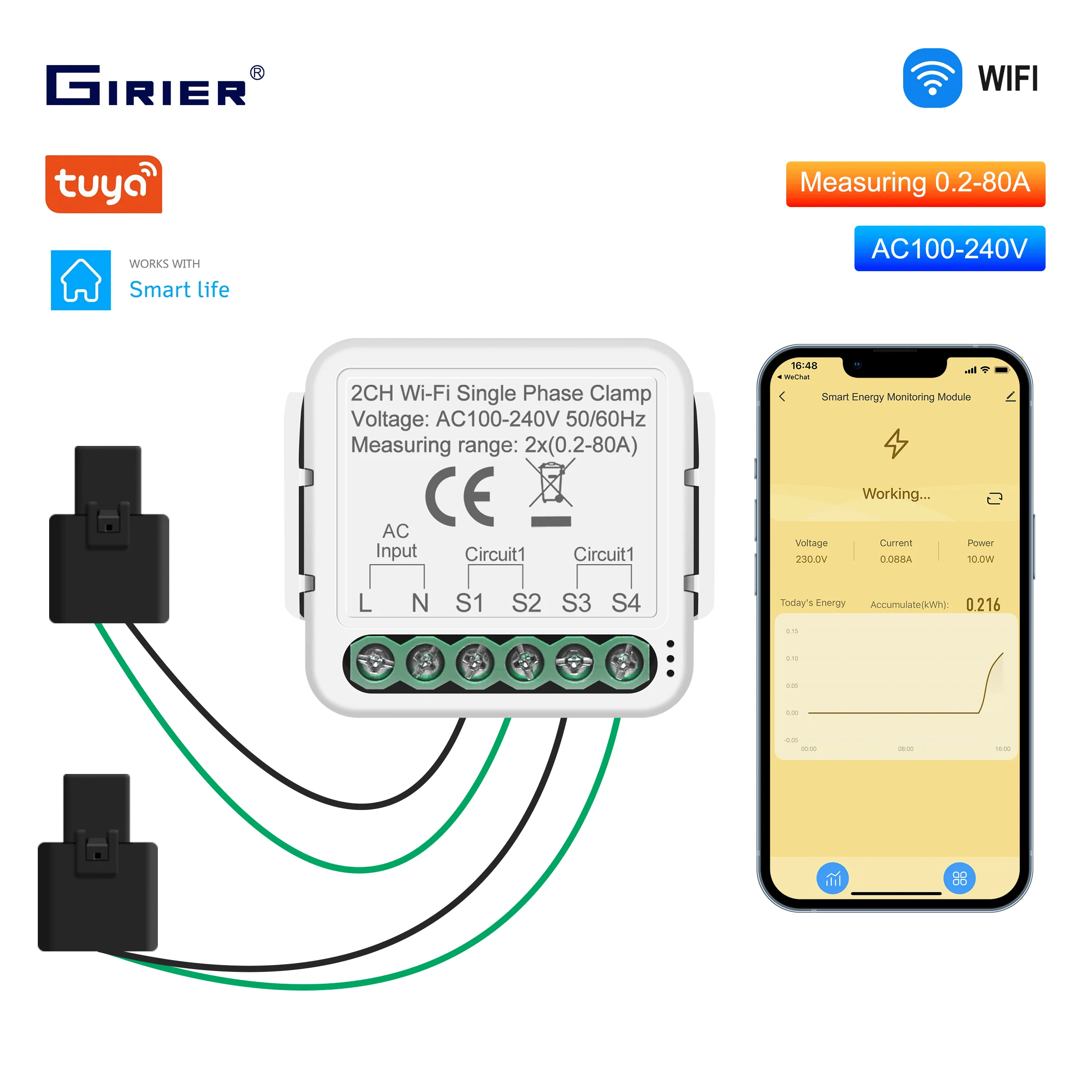 GIRIER 스마트 와이파이 전원 계량기 클램프, 스마트 홈 에너지 모니터, 실시간 추적, 전기 사용량, 양방향 태양광 네트워크 미터링 