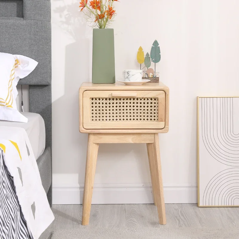 Modern Woven Rattan Nightstand Solid Wood Bedside Table Minimalist Storage Cabinet for Small Spaces Japanese Narrow End Table