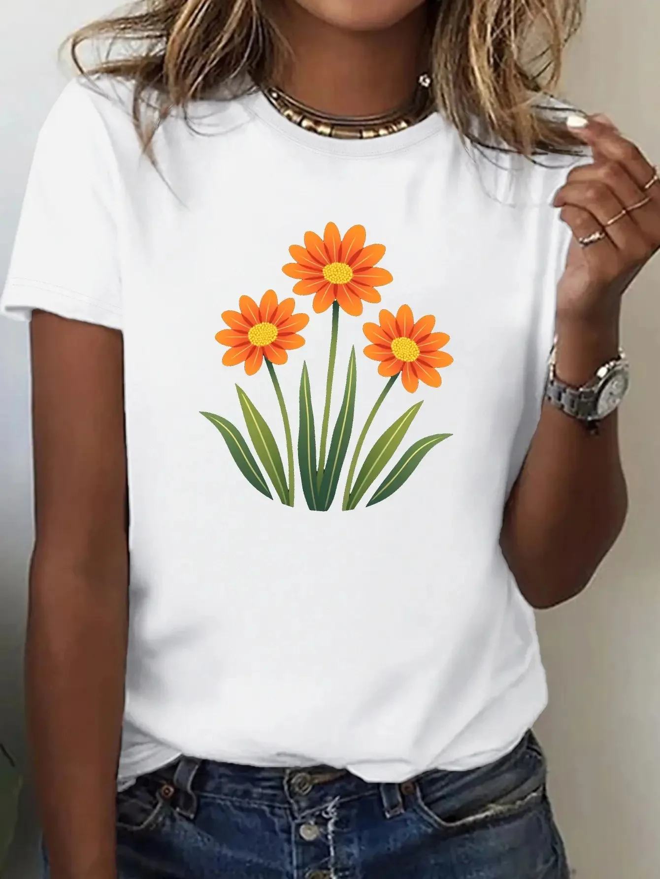Women'S White Floral Leaf Print Sleeve Round with Vibrant Orange Daisies Green Everyday Wear Comfort Easy Care Stylish Spring