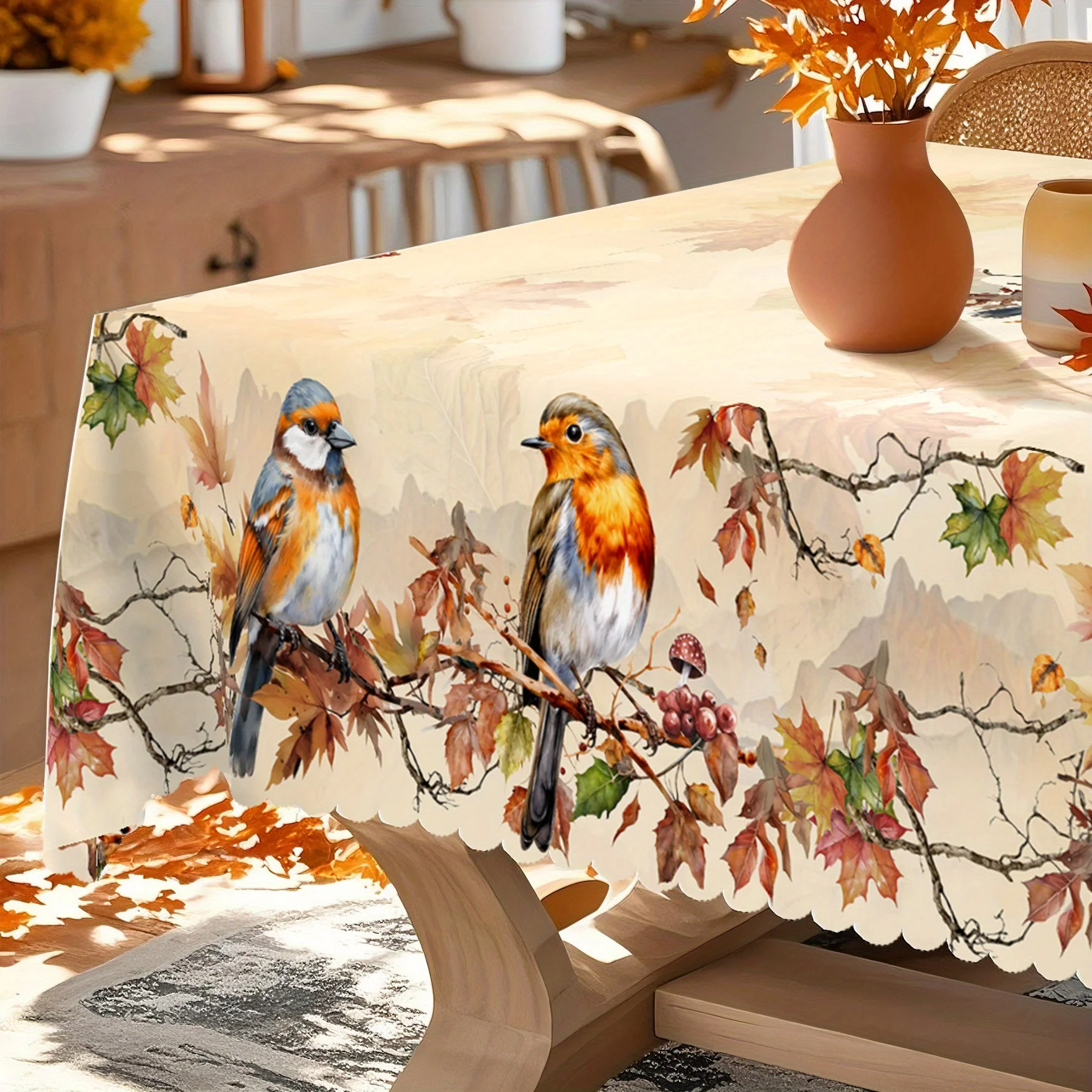 Autumn tablecloth, featuring elegant maple leaves and floral bird patterns, in a retro watercolor style, for autumn decoration.