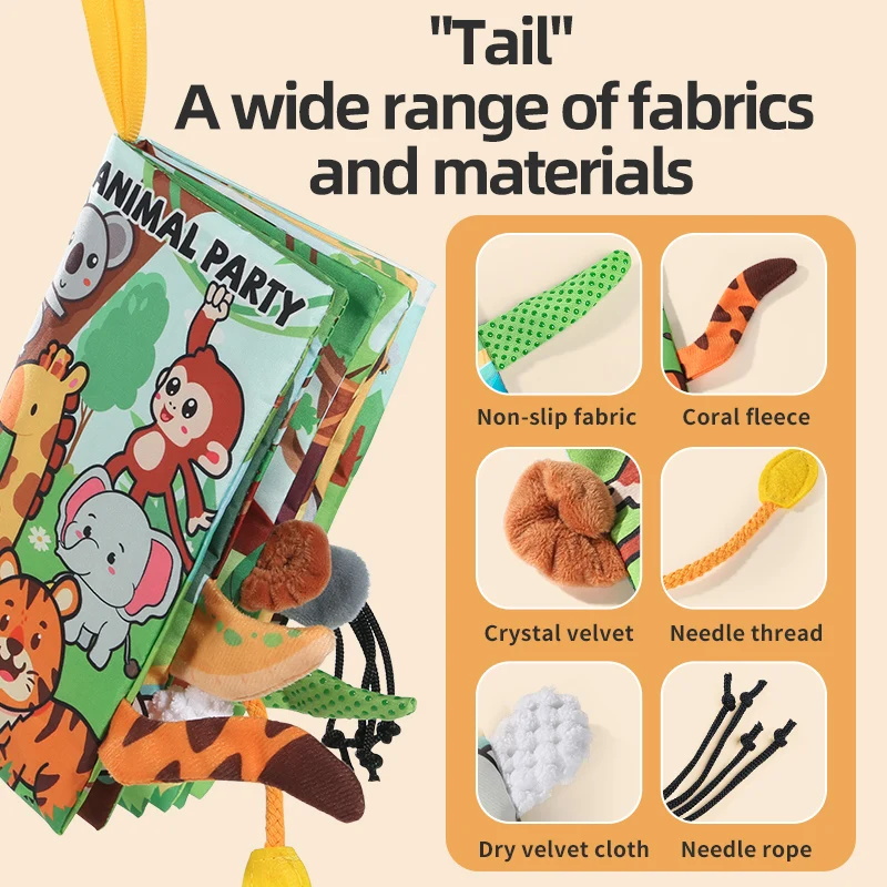 Morbido libro per bambini 6 pagine Libro in stoffa con coda per feste di animali Può morso Suono di bruciature Giocattoli per bambini Regalo di compleanno