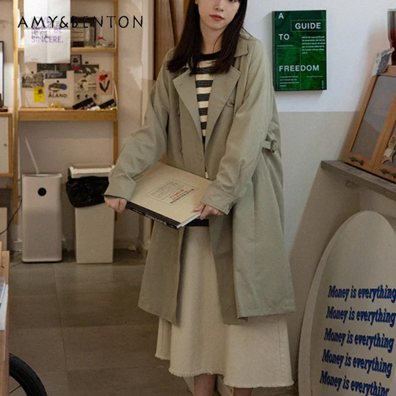 

2024 New Casual Early Autumn Medium and Long Suit Collar Khaki Green Color Trench Coat For Women