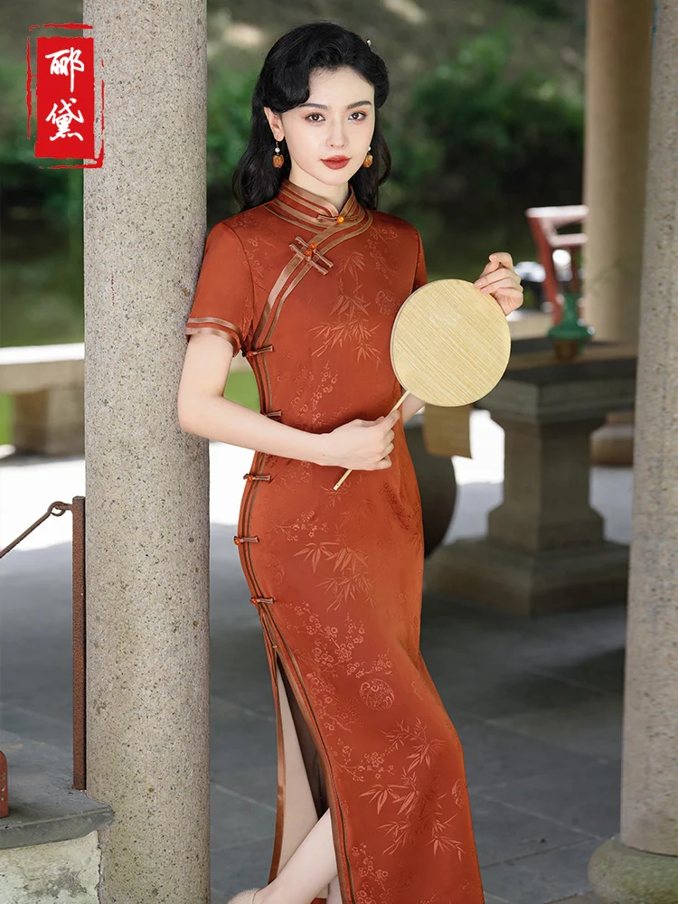 

Элегантное бамбуковое платье-ципао с широким подолом, винтажное, повседневное, с коротким рукавом, с цветочным узором