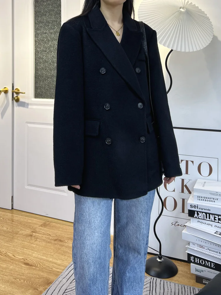ダブルブレスト長袖ウールコート女性ファッション冬ハイエンド両面100％ウールコートショートソフトラペル