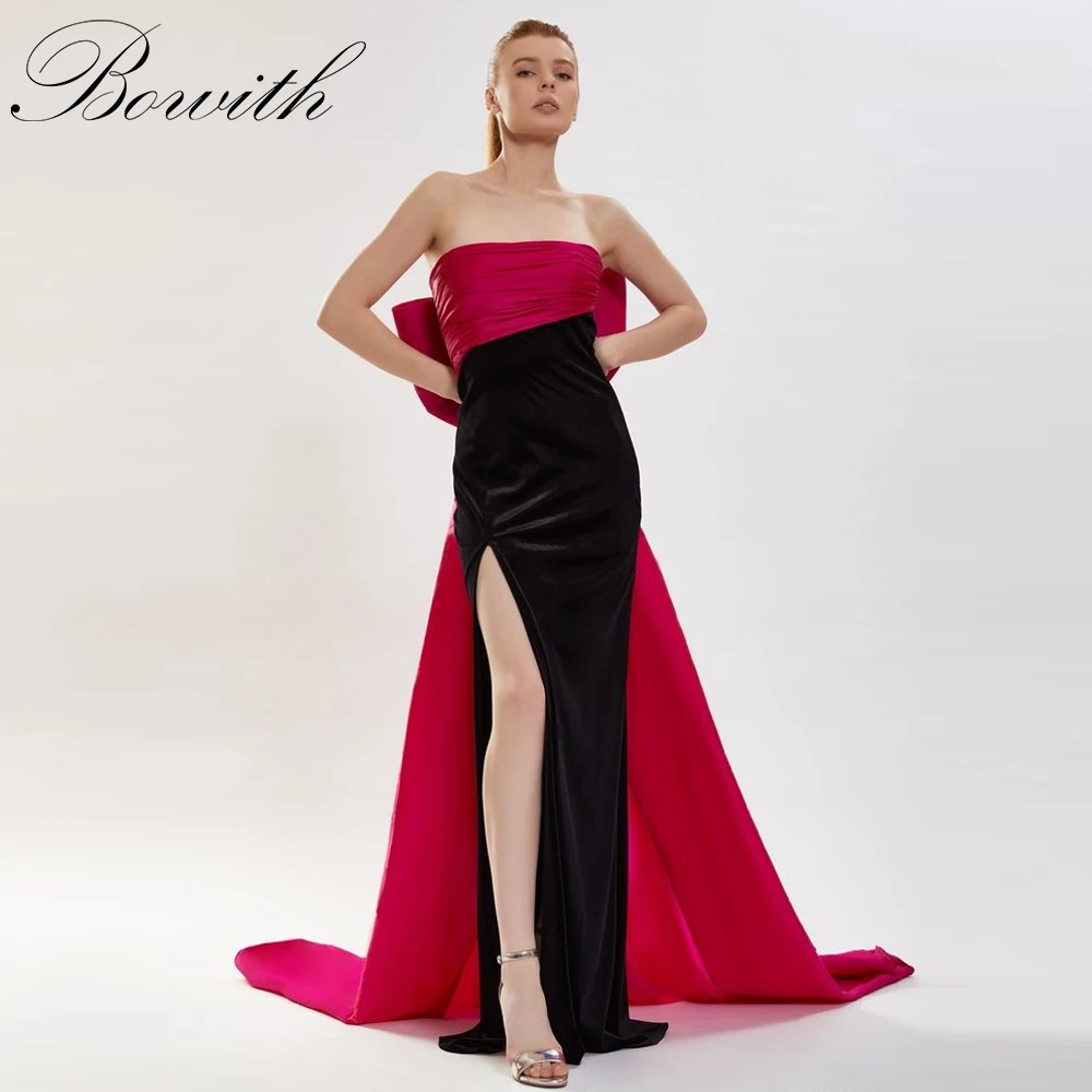 

Bowith Side High Slit Sexy Evening Dresses Strapless Black and Red Party Dresses Customized Prom Dresses vestidos de fiesta