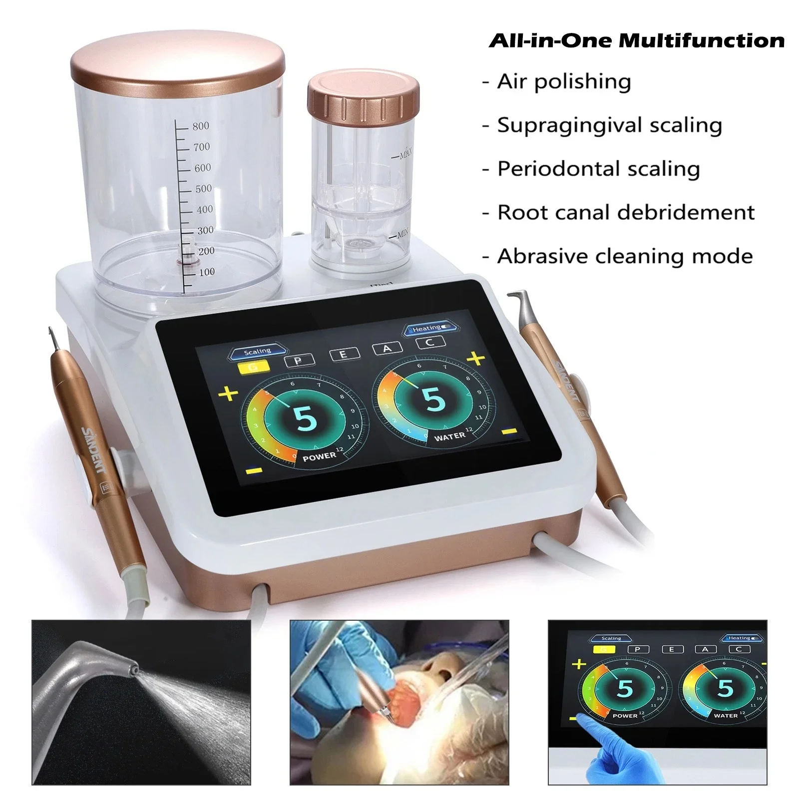 Dental Ultrasonic Scaler + Air Polisher 2 in 1 Water Heating Periodontal Periodontal Therapy System Sandblasting