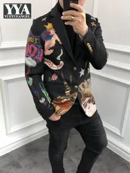 Groom Wedding Party Colorful Floral Printed Casual Blazer Men Slim Fit Single Breasted Suit Coat Office Work Cargo Woolen Jacket