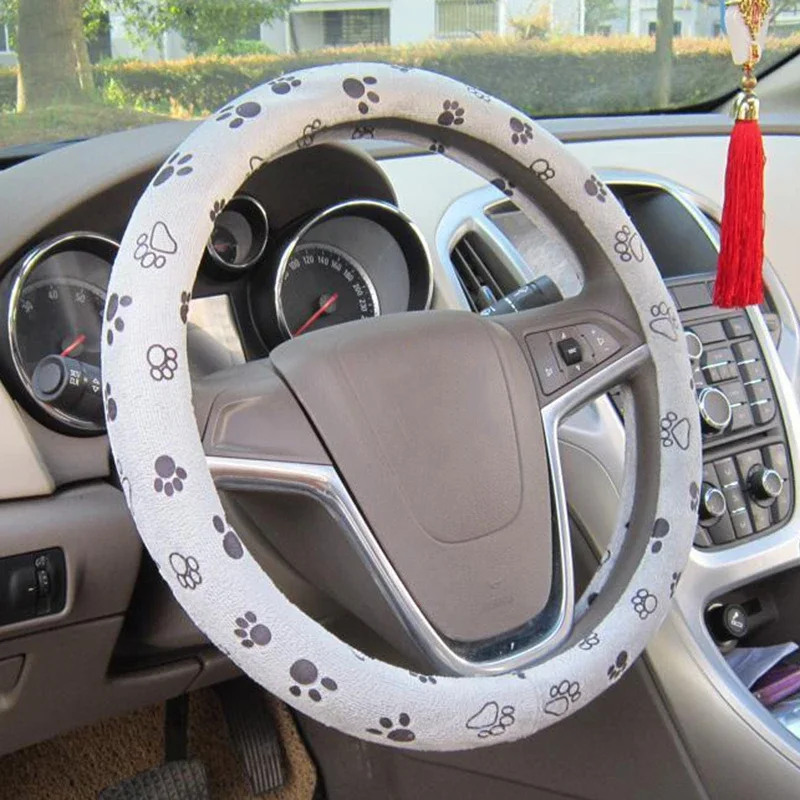 Car Steering Wheel Cover Cute Paw Printed Protector Interior Accessories Soft Non-slip Grey Steering Wheel Cover Universal