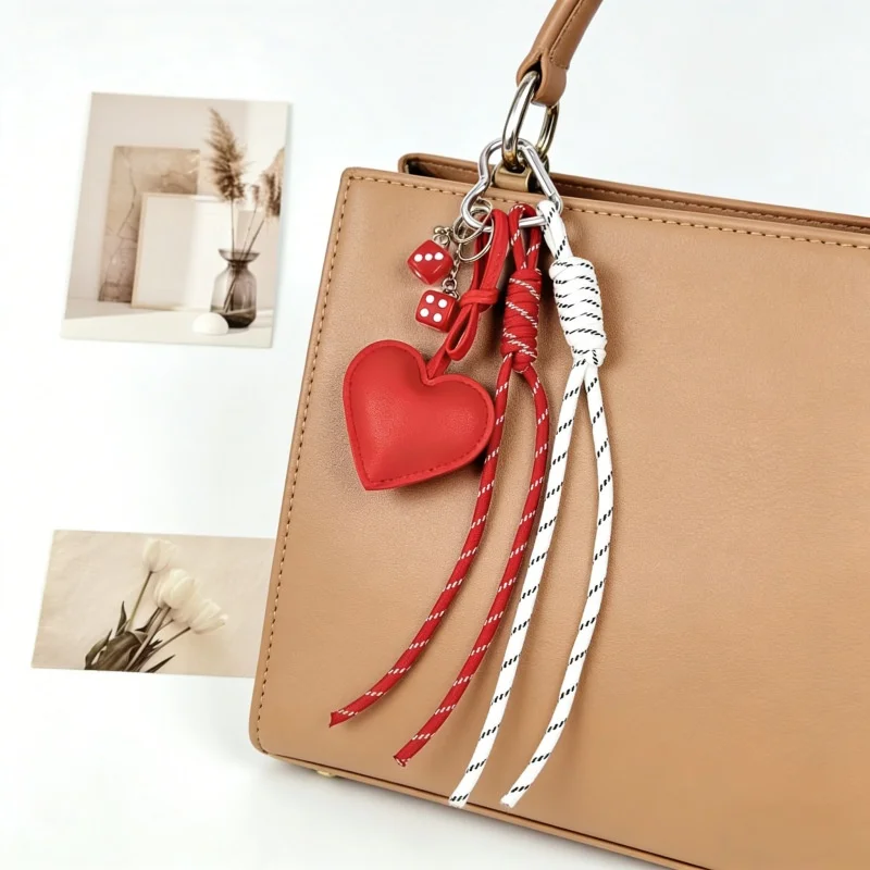 Bag Pendant Gift Heart Shape PU Leather Braided Rope Keychain Vibrant Color Bag Decor Charm Bag Car Key Accessory Ornament