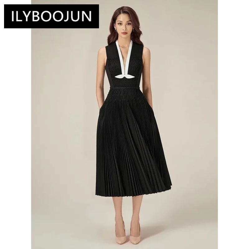 ILYBOOJUN Women\'s Fashion Dress V-neck Sleeveless Pleated Pearl Denim High Waist Female Elegant Dresses Summer 2024 New