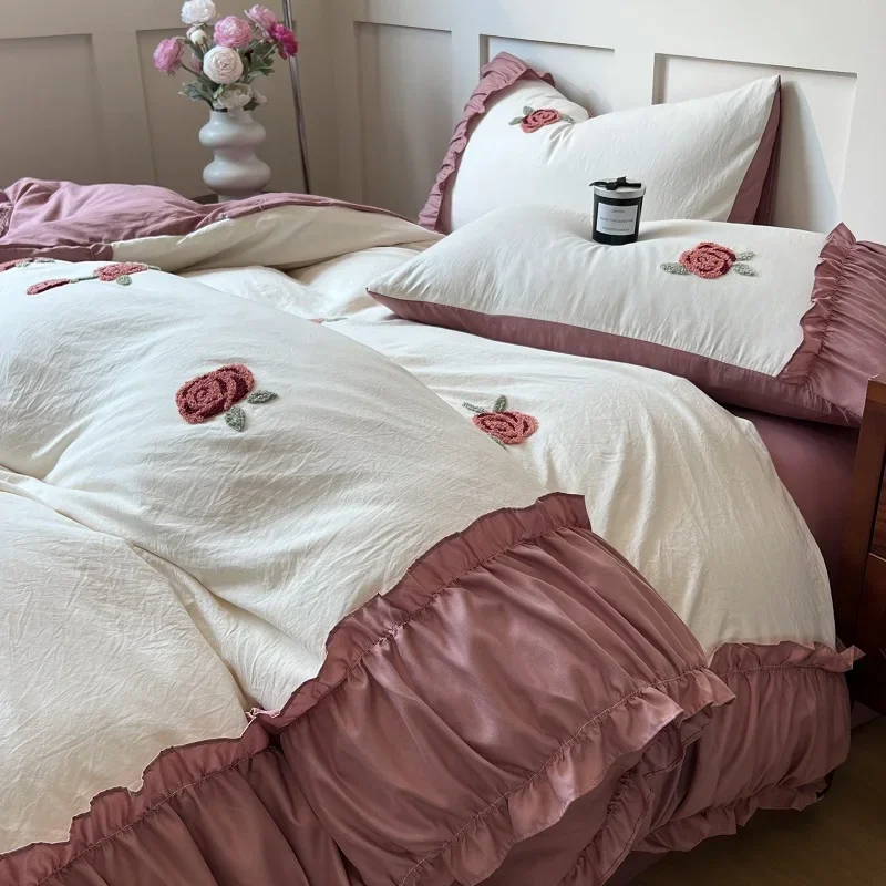 Korean Princess Style Rose Towel Embroidery Bedding Set Washed Cotton Skin-friendly Duvet Covers Bed Sheet Pillowcases 3/4Pcs