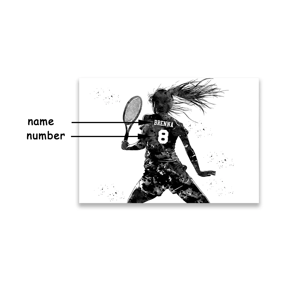 لاعب التنس فتاة شخصية ملصق فني اسم مخصص ورقم الرياضة المائية يطبع غرفة الصالة الرياضية المنزل قماش اللوحة ديكور