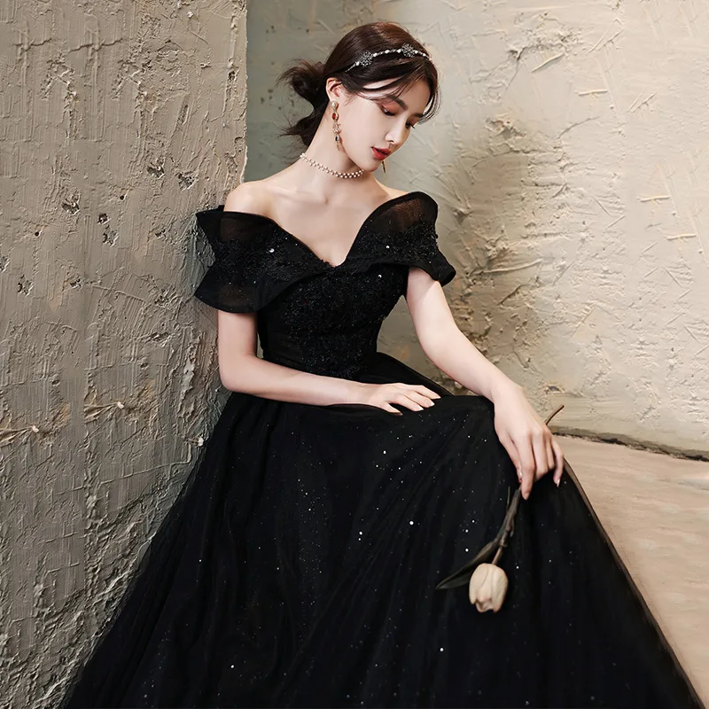 

One-word shoulder black evening dress 2024 new banquet temperament long female host catwalk annual meeting