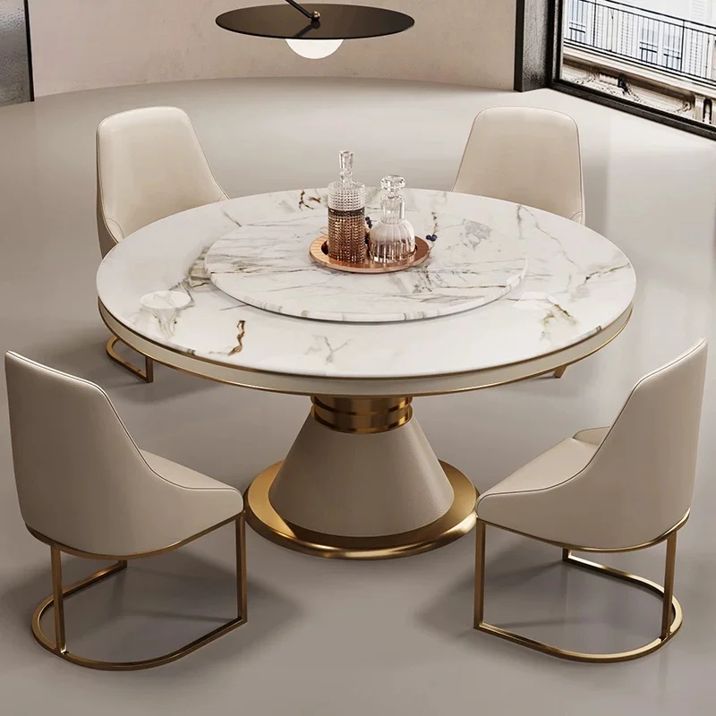 Light Luxury Marble Round Dining Table & Chairs Set Electric Lazy Susan with Induction Cooker Modern Simple Home Dinner Table
