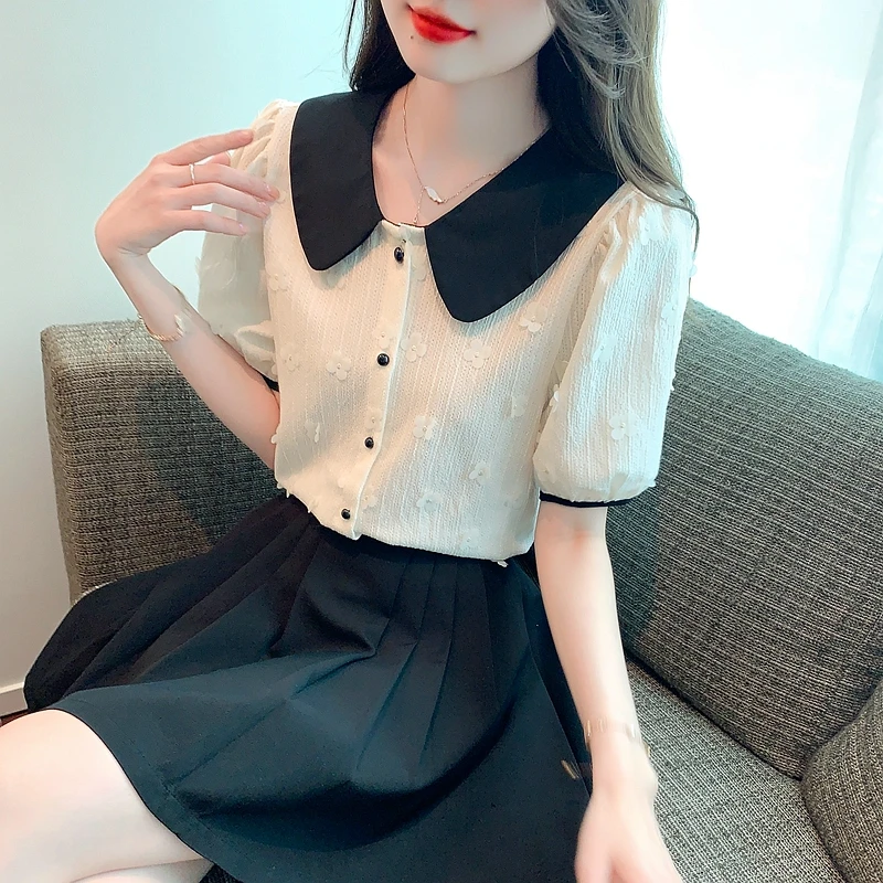 Summer Short Sleeve Blouse Women Blusas Mujer De Moda 2024 Verano Doll Collar Apricot Chiffon Blouse Shirt Women Tops Blusa G670