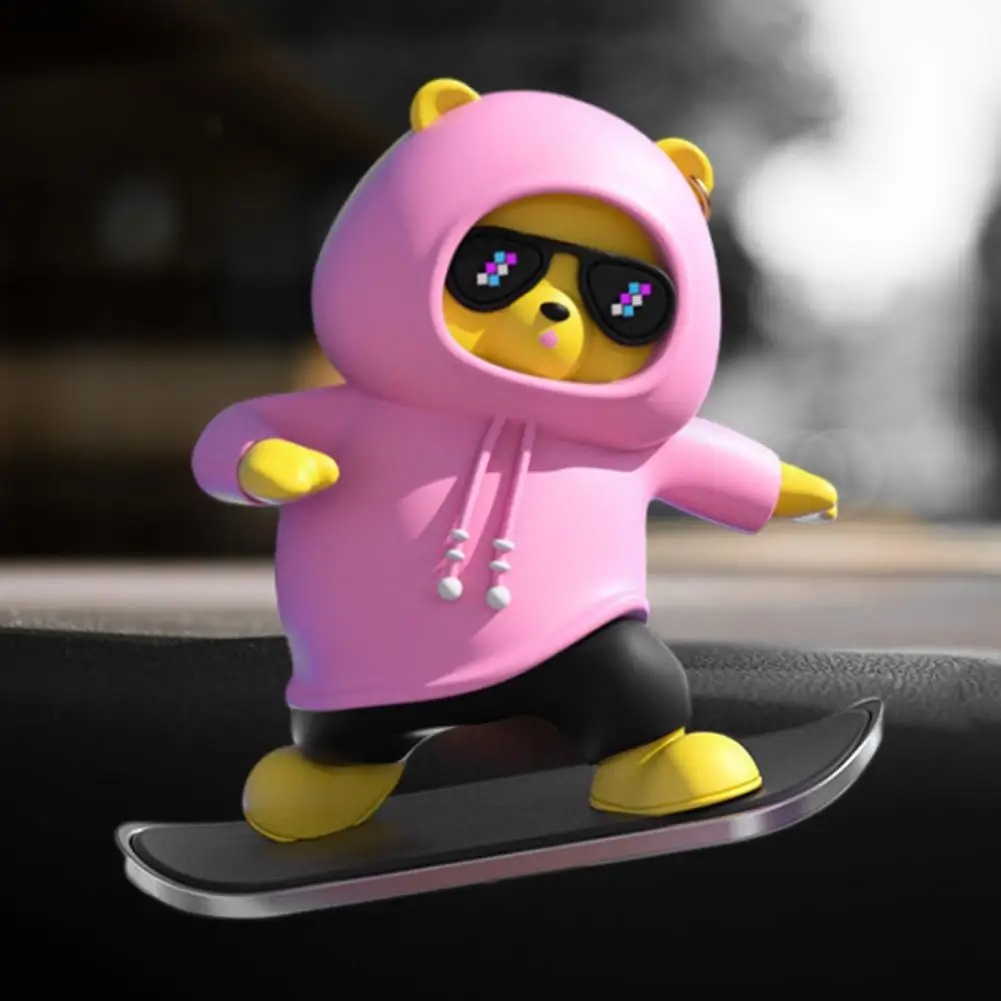 Car Decoration Funny Skateboarding Bear Car Ornament with Vivid Expressions Cartoon Shape Dashboard for Skater for Skateboard