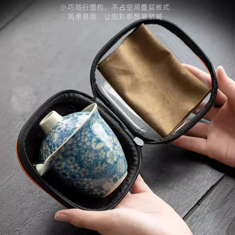 Portable Blue and White Travel Tea Set Ru Kiln Old Pottery Clay Kung Fu Tea Set One Pot Three Cups Outdoor Flower Guest Cup