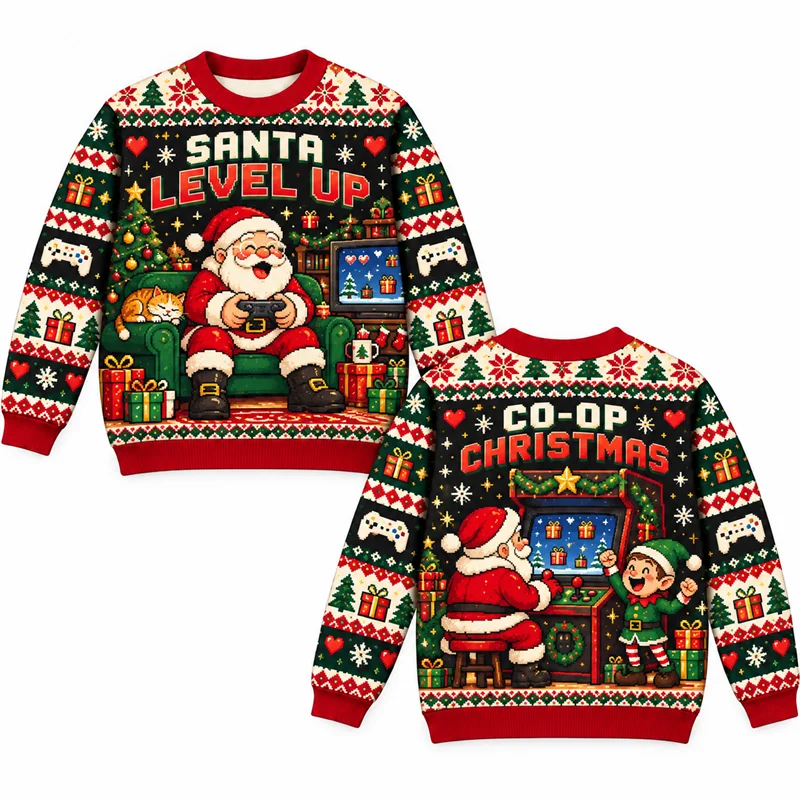 Funny Ugly Christmas Sweater Men Santa Mail Delivery Level Up Jingle Game Wave Space Print Crewneck Long Sleeve Holiday Pullover
