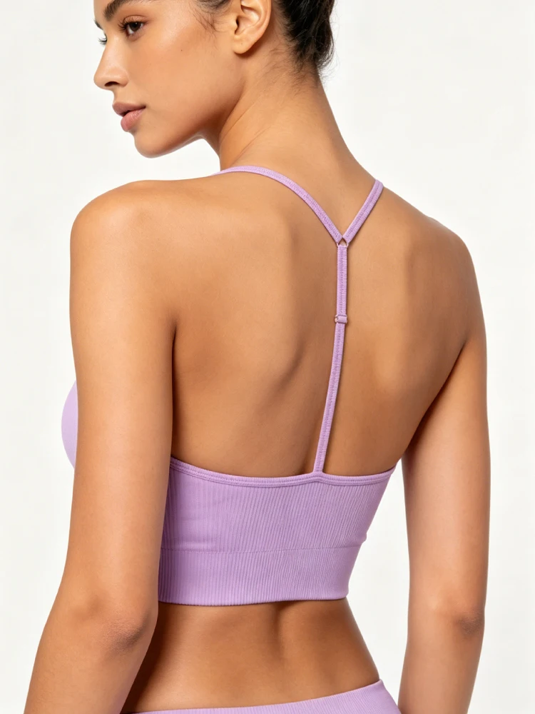 Women Ribbed Seamless Sports Bra Y-Back Thin Strap Adjustable Padded Yoga Crop Top High Elastic Workout Fitness Running Bralette image 5