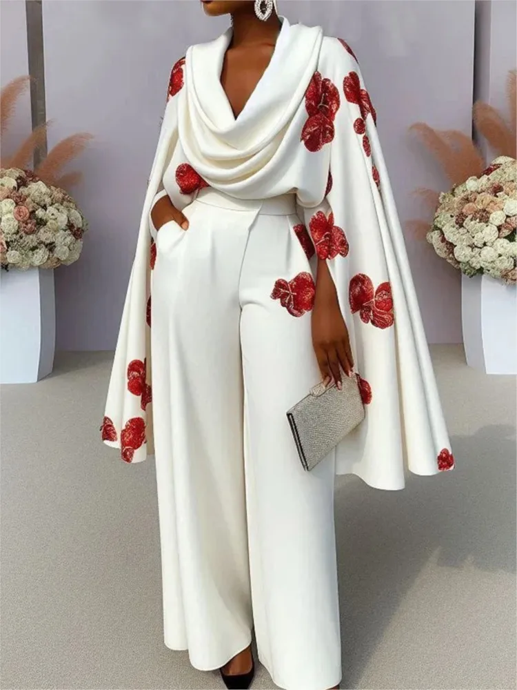 

Elegant Women's Floral Print Pants Suit 2026 New Office Women Cape Sleeve Shawl Pleated Top Wide Leg Pants Two-piece Loose Suit