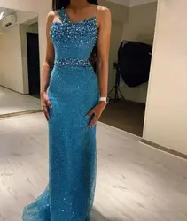Jirocum Blue Gorgeous Rhinestones Prom Dresses One Shoulder Sleeveless Evening Dresses Pearls Sequins Mermaid Party Gowns