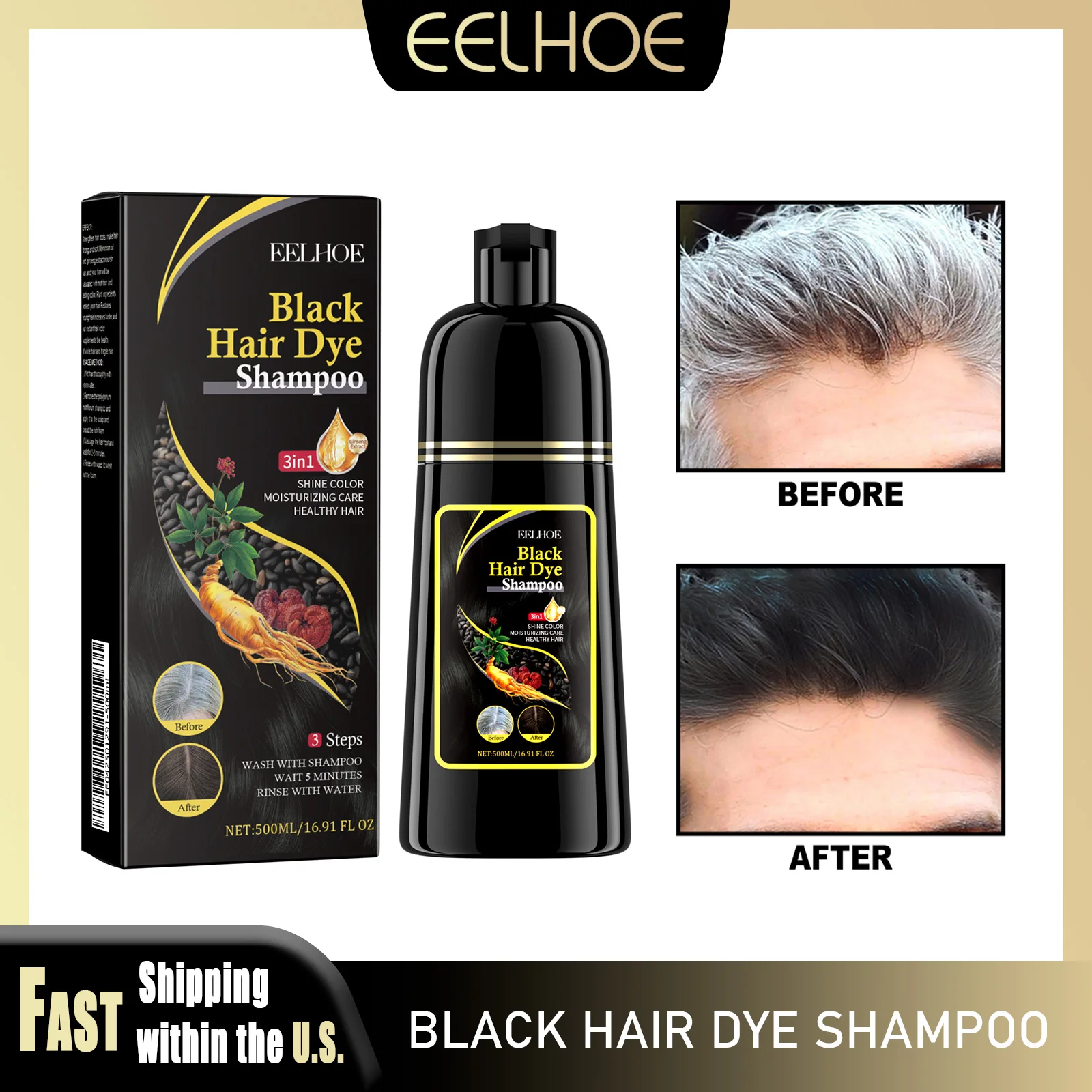

EELHOE 500ml Hair Dye Shampoo Quickly Dye Black Natural Ingredients Moisturize Repair Damaged Hair For Men Women Hair Care