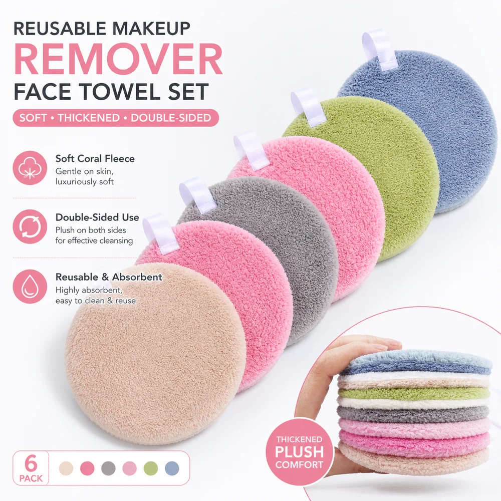 6 Pcs Set Coral Fleece Face Wash Pads Round Shape Double Sided Makeup Remover Pads Thickened Absorbent Facial Cleansing Cloth